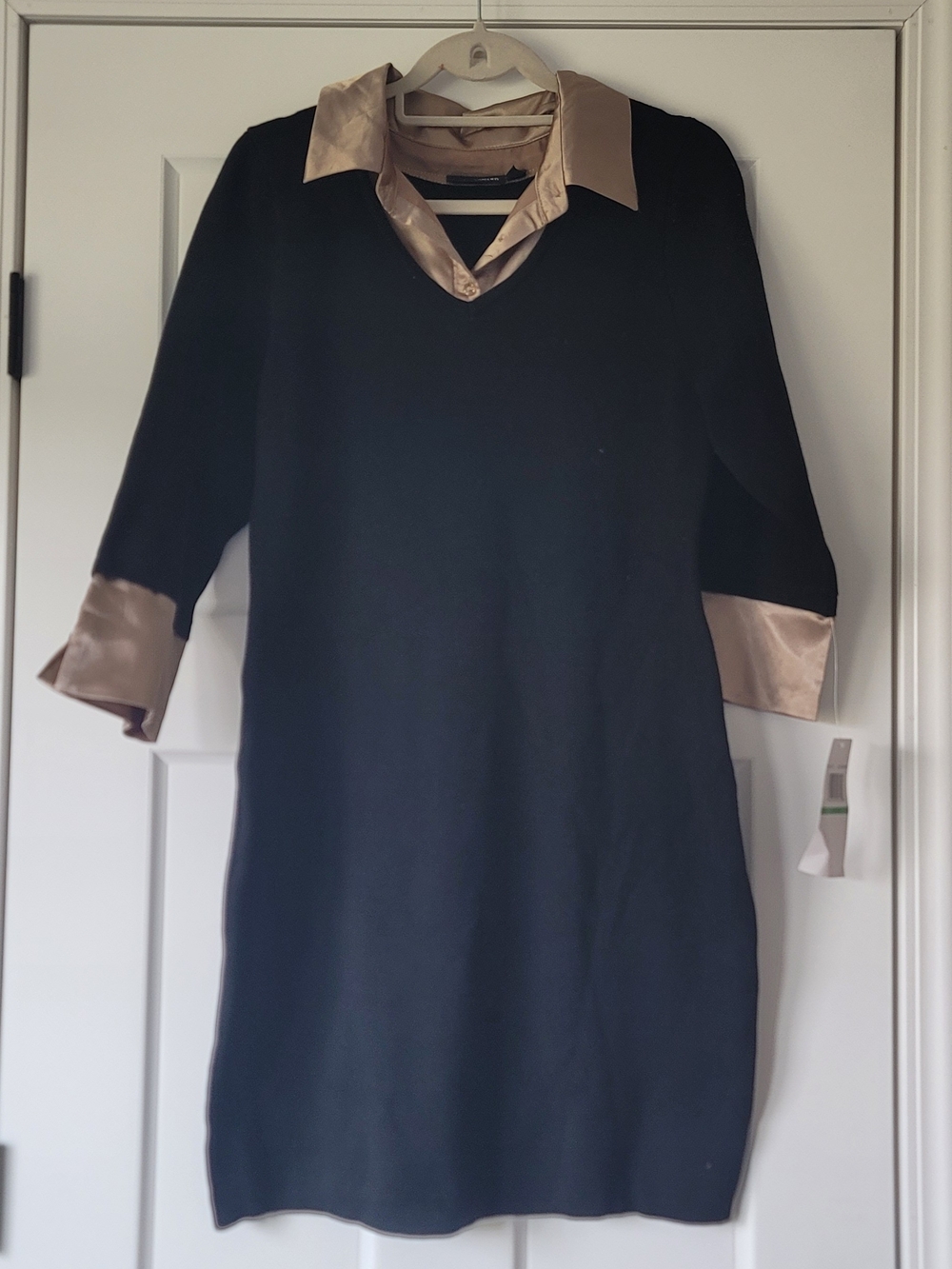 Nina Leonard Black Dress with Champagne Satin Collar and Cuffs